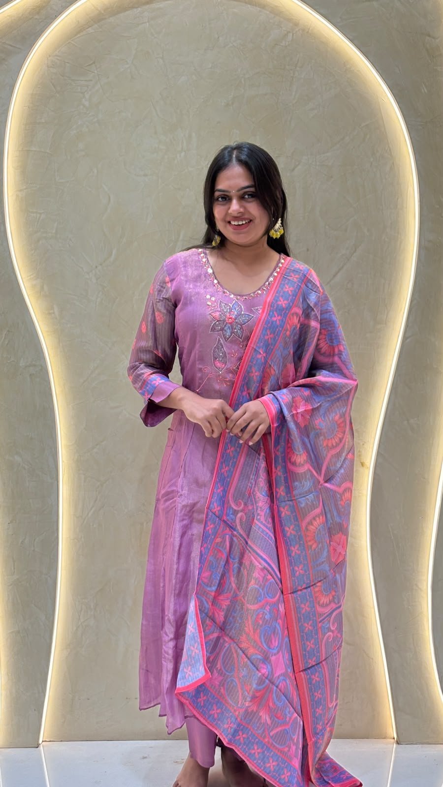 Mauve Chanderi Kurta Set with Floral Embroidery & Printed Dupatta | 3-Piece
