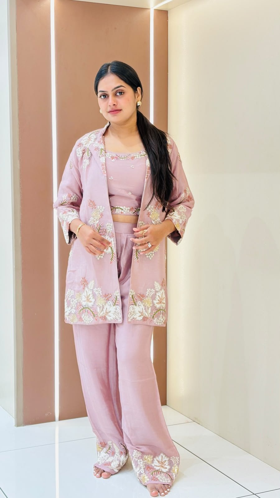 Mauve Floral Embroidered Jacket Crop Top Palazzo Set | 3-Piece