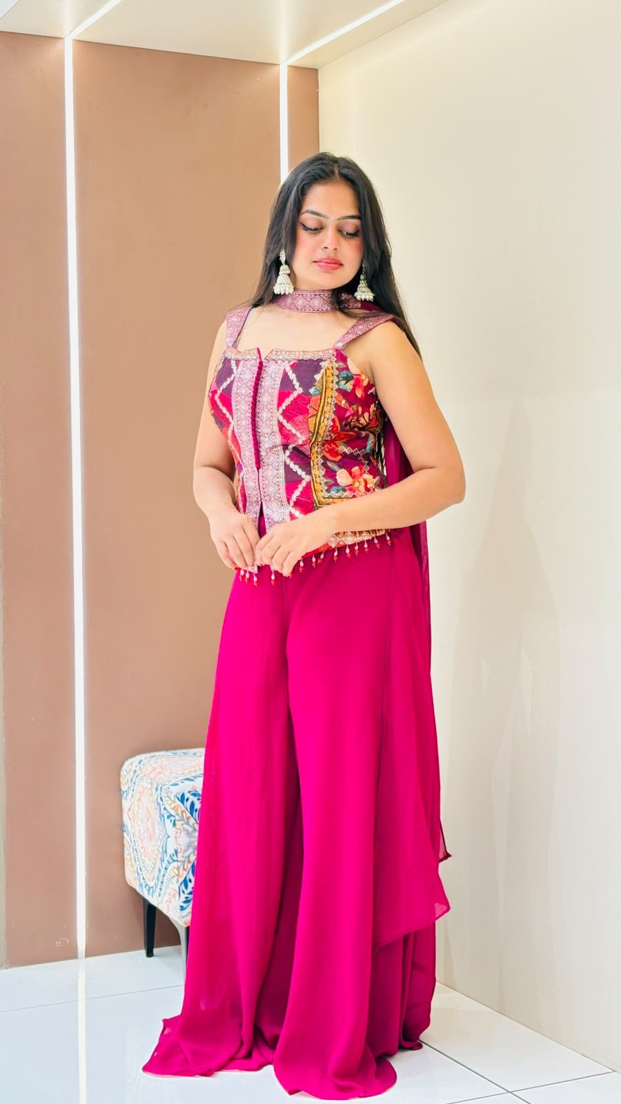 Magenta Mirror-Work Embroidered Crop Top & Palazzo Set | 2-Piece