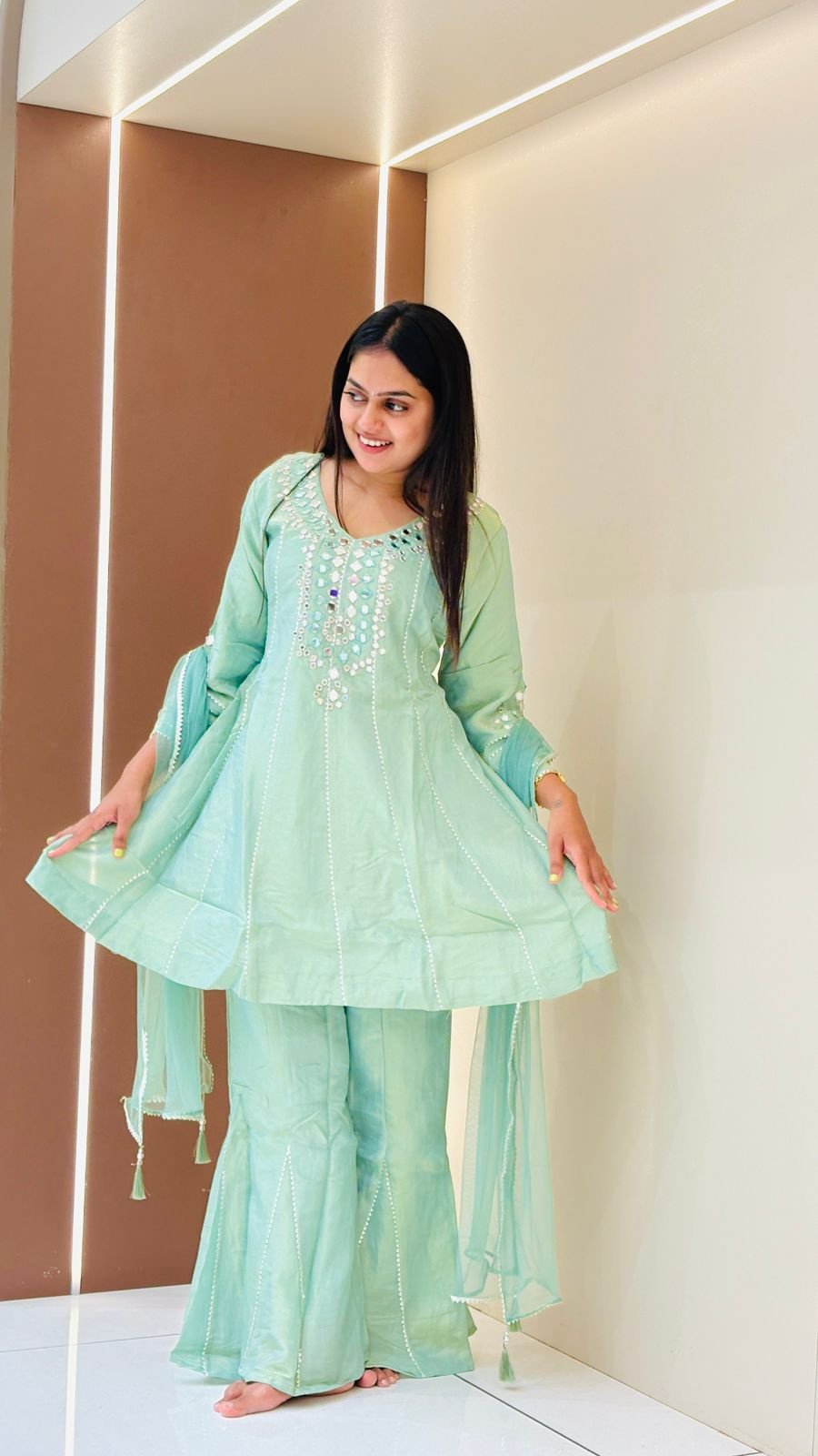 Mint Green Mirror Work Sharara Set | 3-Piece Peplum Kurti, Sharara & Dupatta