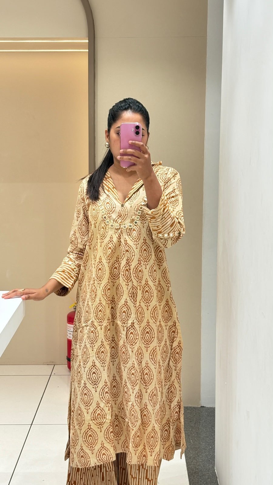 Mustard Ikat Print Mirror Embroidered Suit Set | 3-Piece