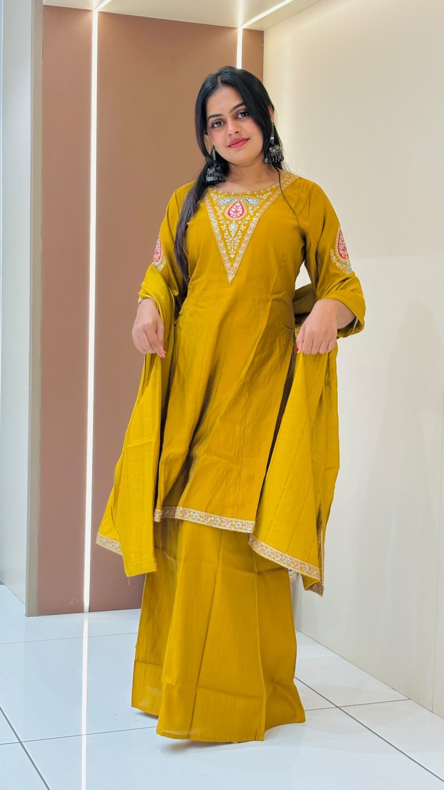 Mustard Paisley Embroidered Sharara Suit Set | 3-Piece Kurti, Sharara & Dupatta