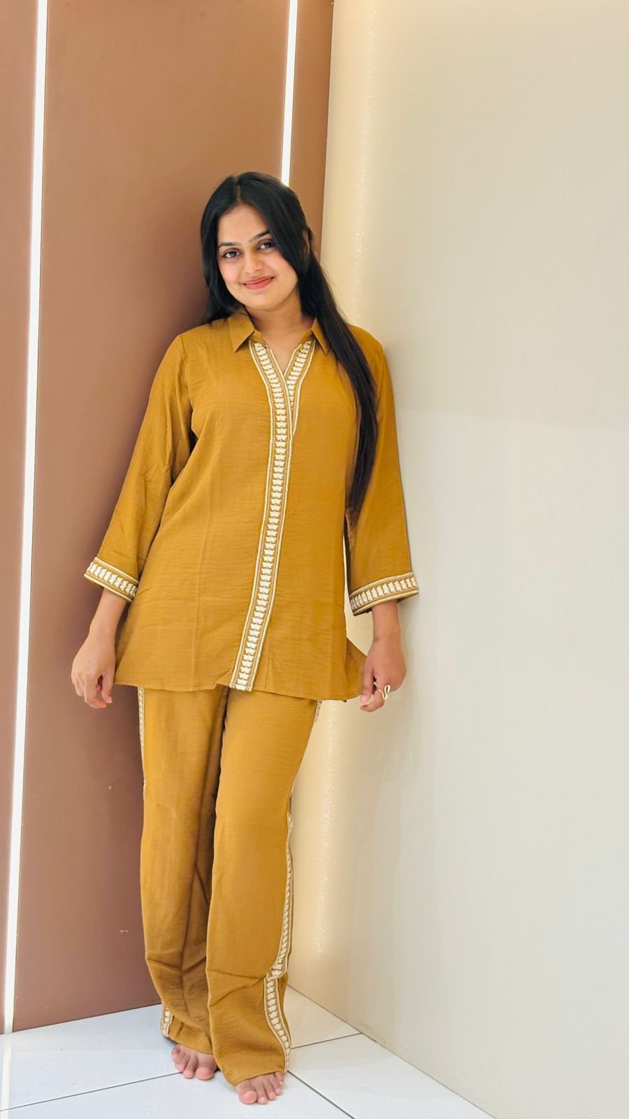 Mustard Embroidered Shirt Co-ord Set | 2-Piece Shirt & Straight Pants