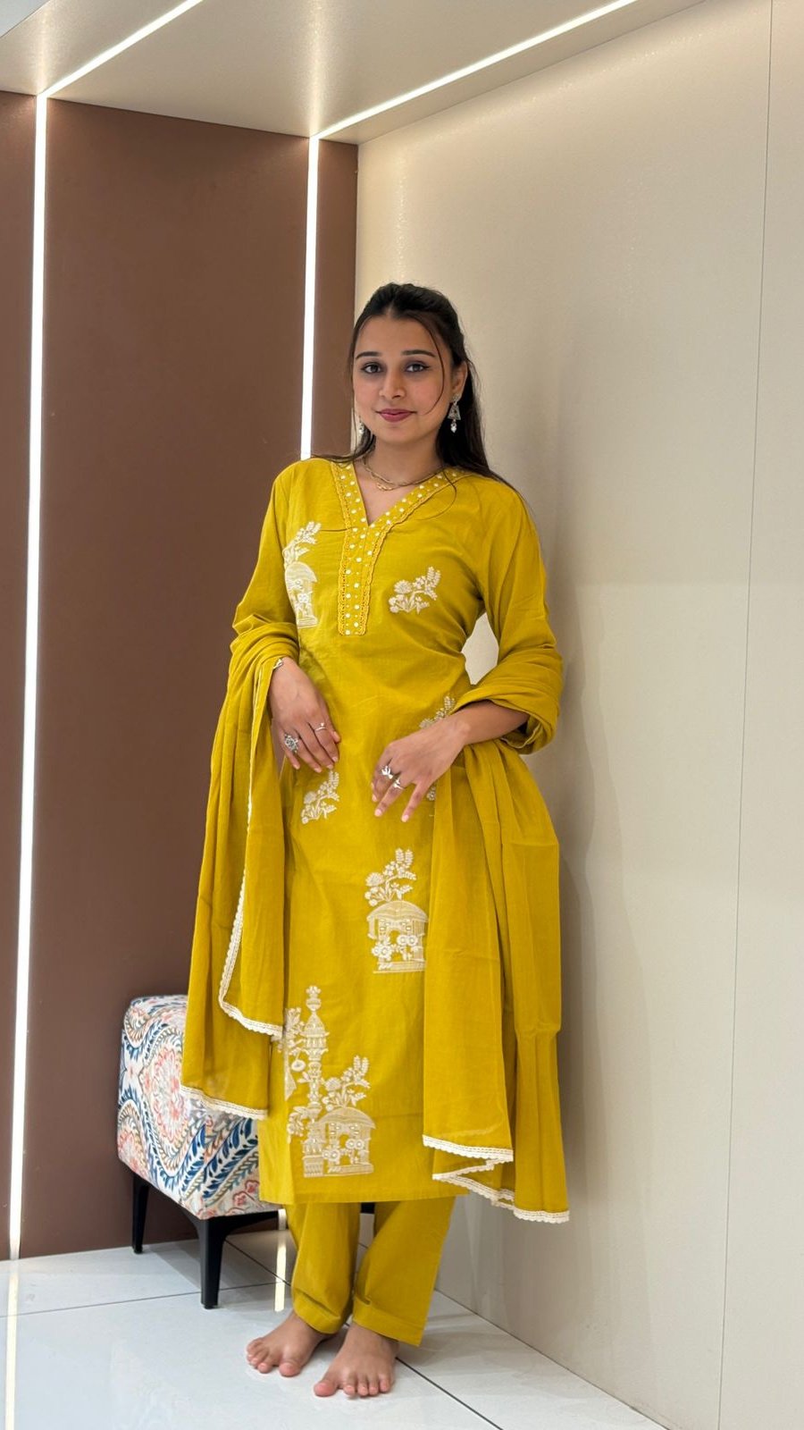 Mustard Temple Embroidered Suit Set | 3-Piece Kurti, Pants & Dupatta