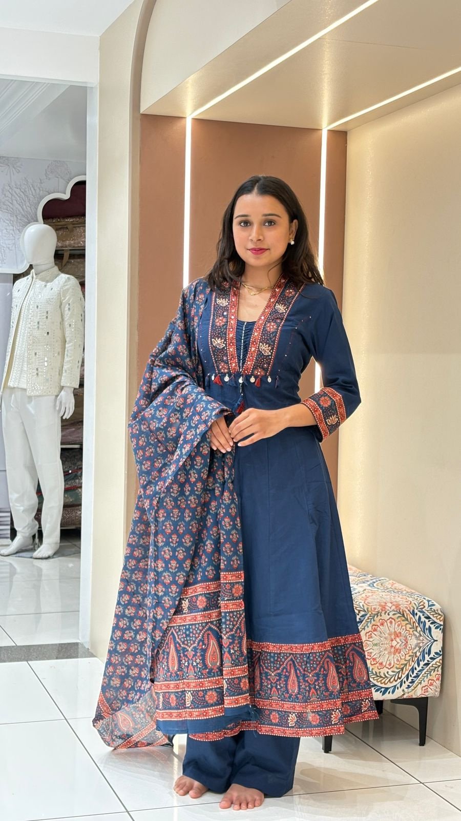 Navy Blue Kalamkari Border Anarkali Set | 3-Piece Kurti, Pants & Dupatta