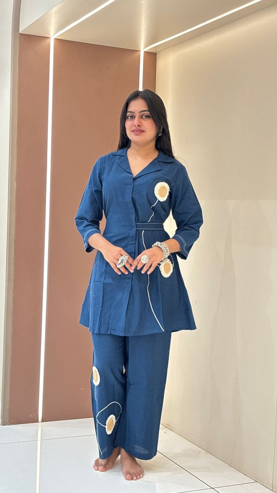 Navy Blue Sunflower Appliqué Co-ord Set | 2-Piece Shirt Kurti & Palazzo