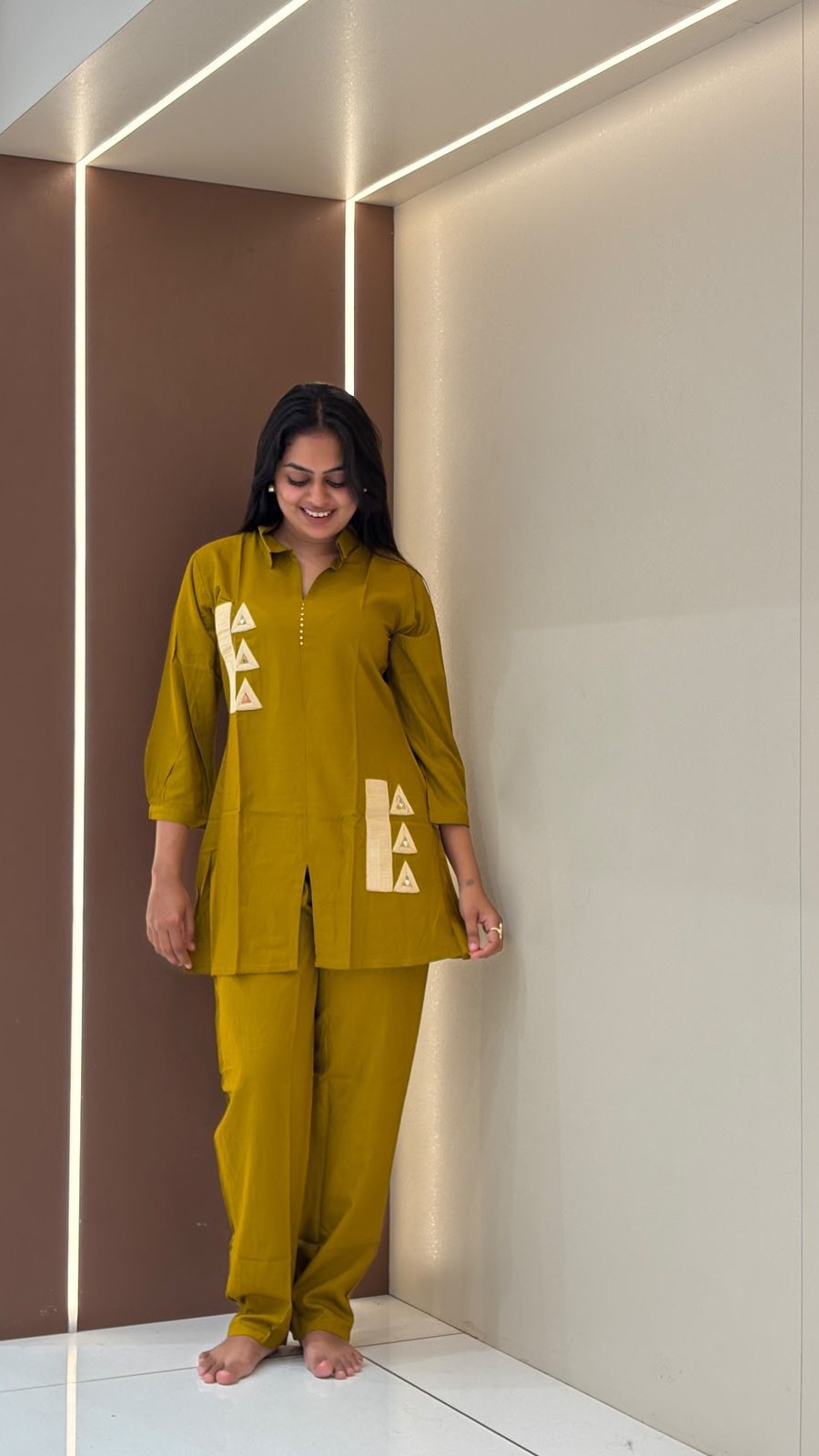 Olive Green Geometric Appliqué Co-ord Set | 2-Piece Kurti & Straight Pants