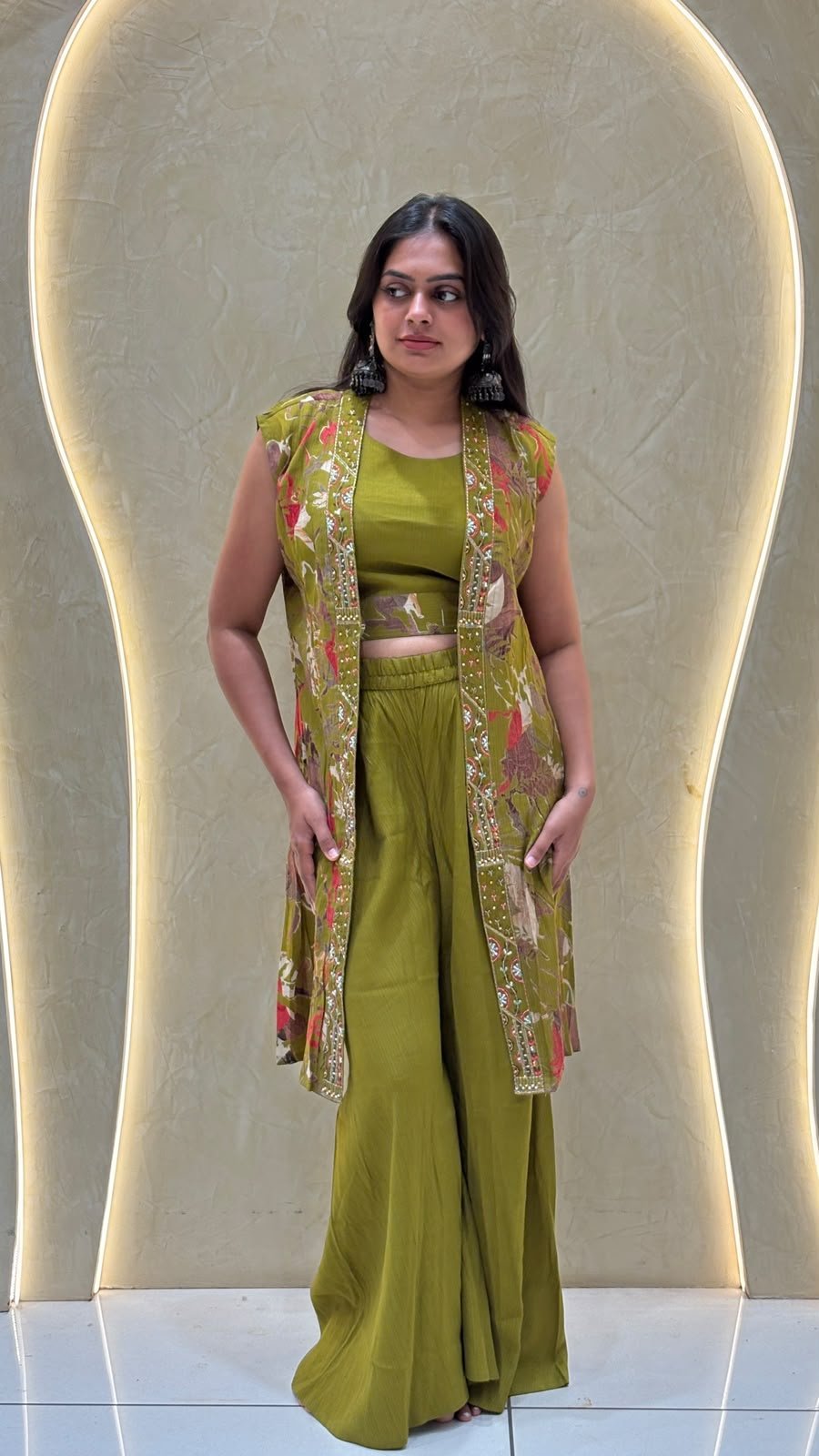 Olive Green Floral Embellished Jacket Crop Top & Sharara Set | 3-Piece