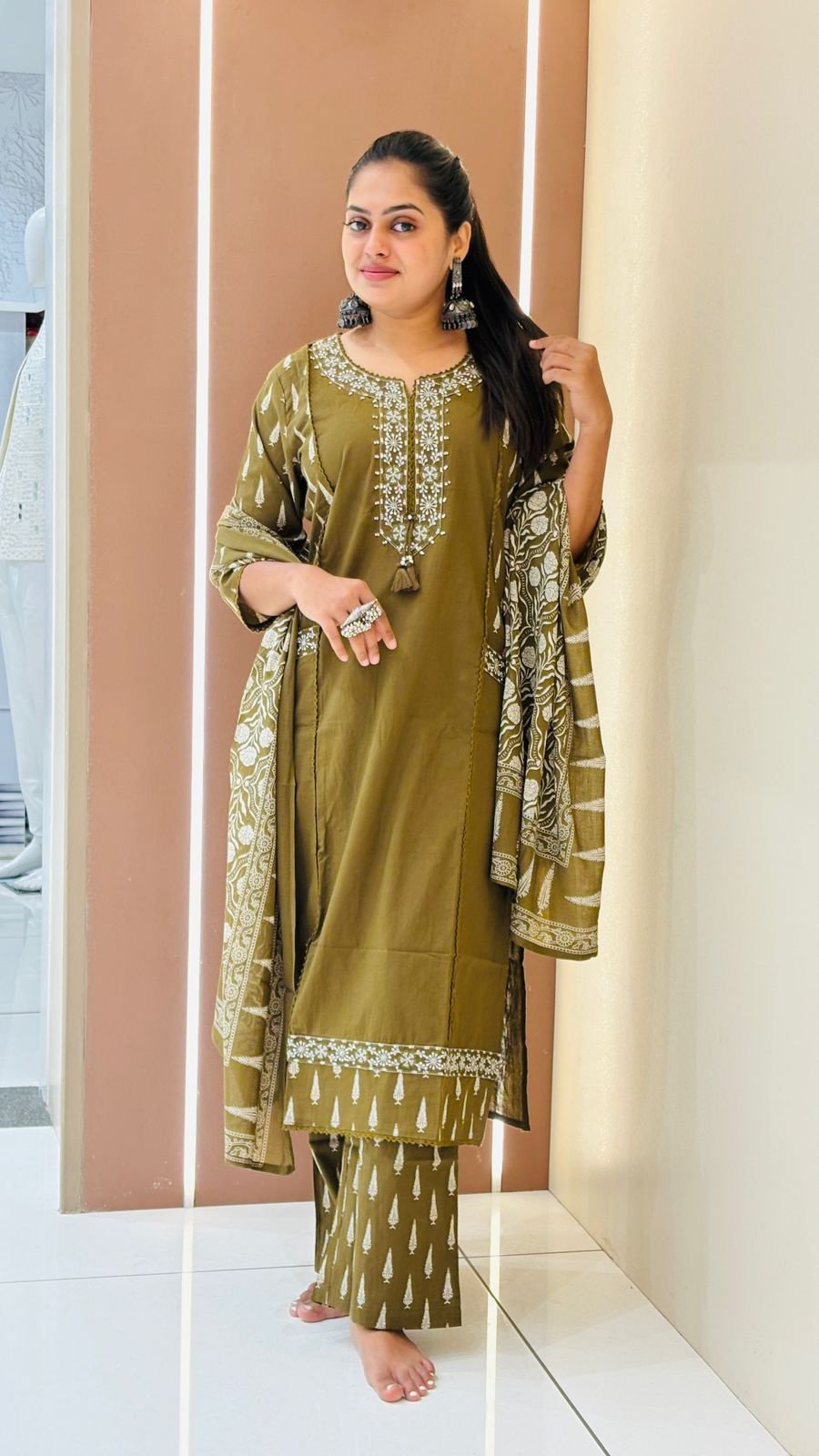 Olive Green Embroidered Suit Set | 3-Piece Kurti, Pants & Dupatta