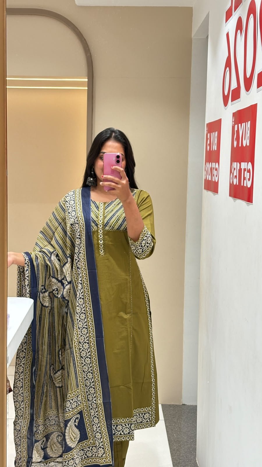 Olive Green Kalamkari Yoke Suit Set with Navy Dupatta | 3-Piece