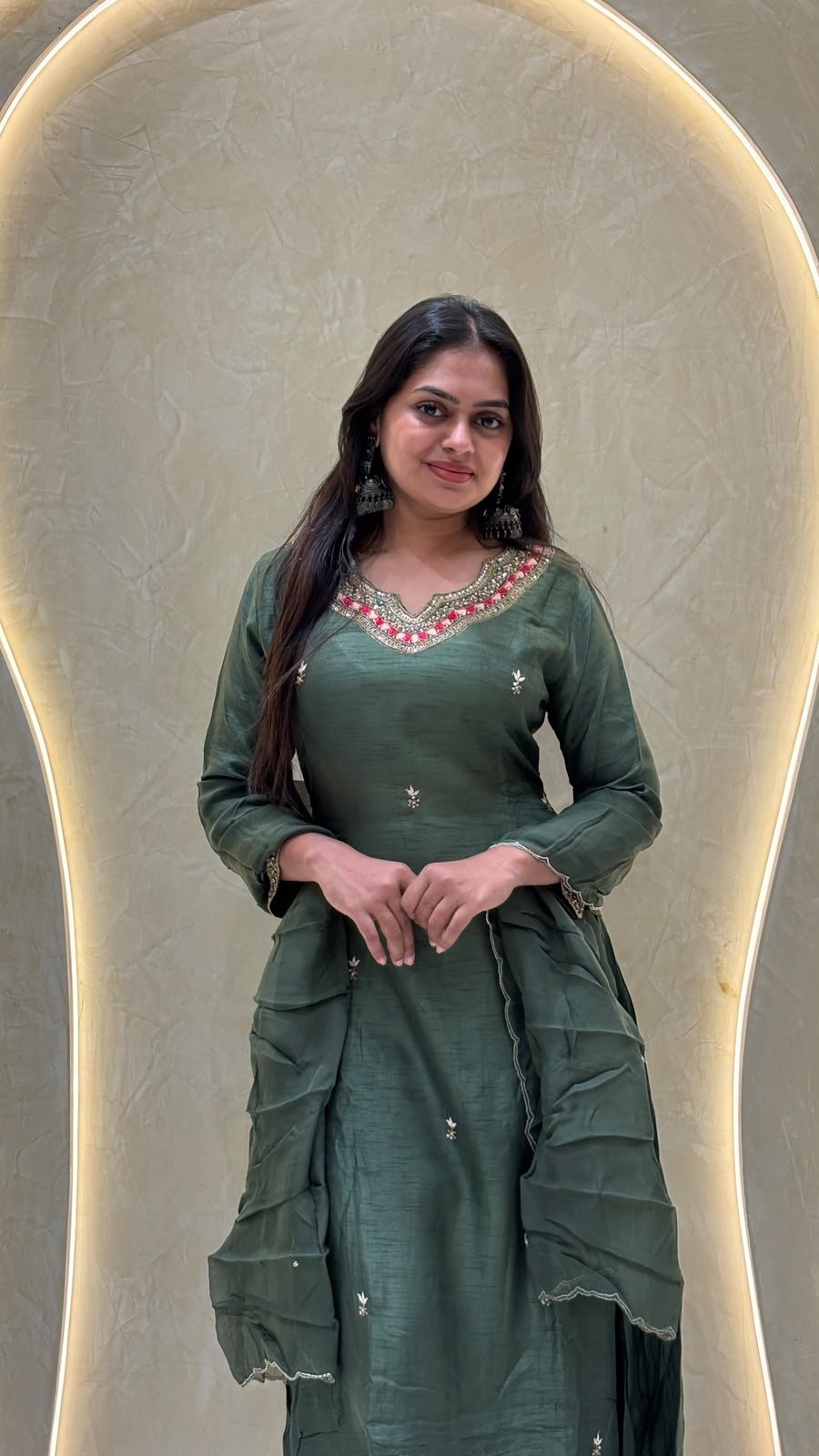 Olive Green Organza Kurta Set with Embellished Neckline & Ruffled Cape Dupatta | 2-Piece
