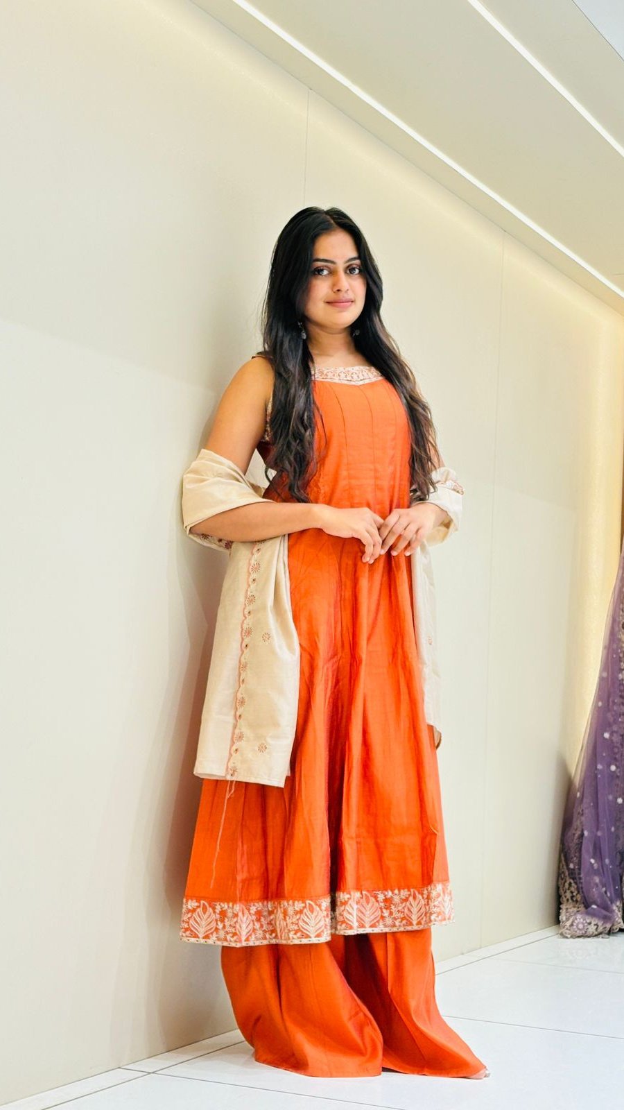 Orange Floral Border Anarkali Set | 3-Piece Kurti, Palazzo & Dupatta