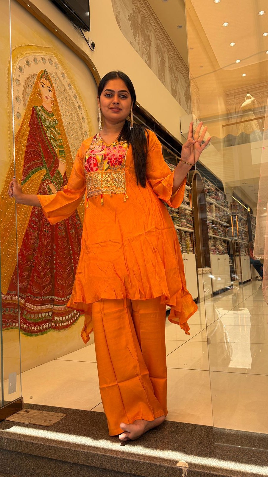 Orange Floral Embroidered Palazzo Set | 2-Piece Peplum Kurti & Palazzo