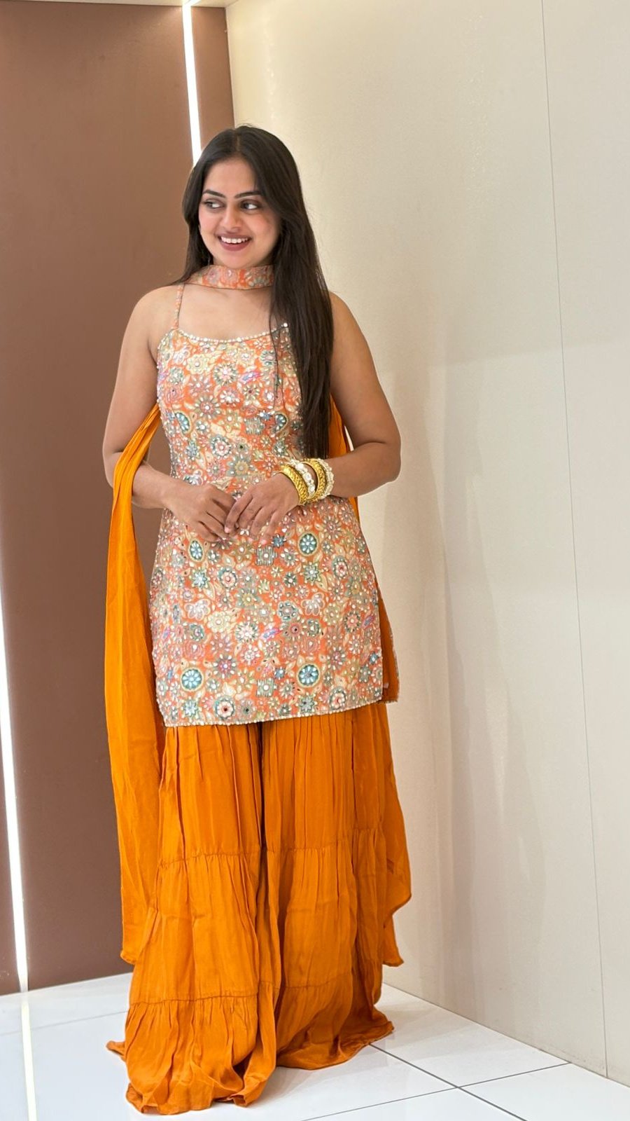Orange Multicolour Floral Embroidered Sharara Set | 3-Piece Kurti, Sharara & Dupatta