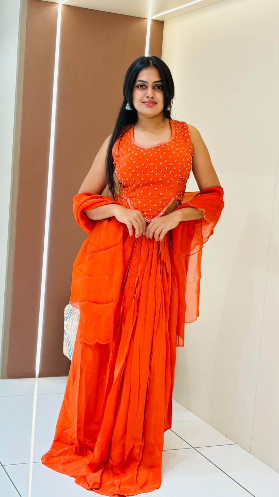Orange Mirror Cross Stitch Embroidered Sharara Set | 3-Piece