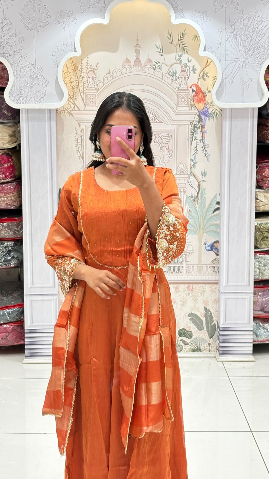 Orange Pintucked Kurta Set with Embellished Cuffs & Striped Dupatta | 3-Piece