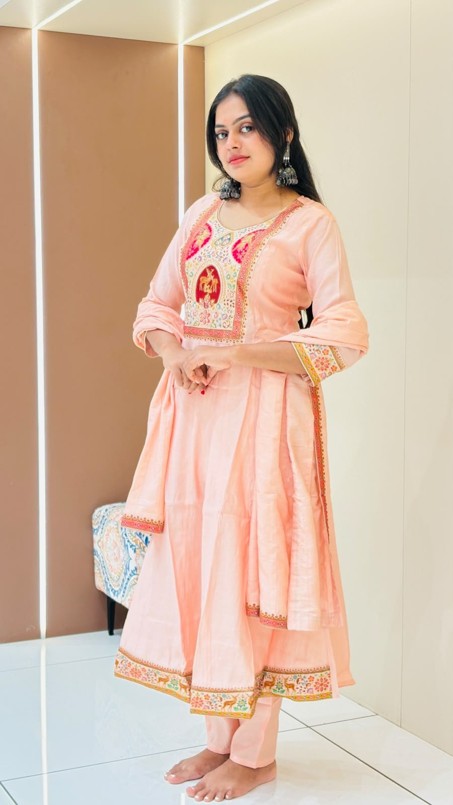 Peach Pichwai Print Anarkali Set | 3-Piece Kurti, Pants & Dupatta