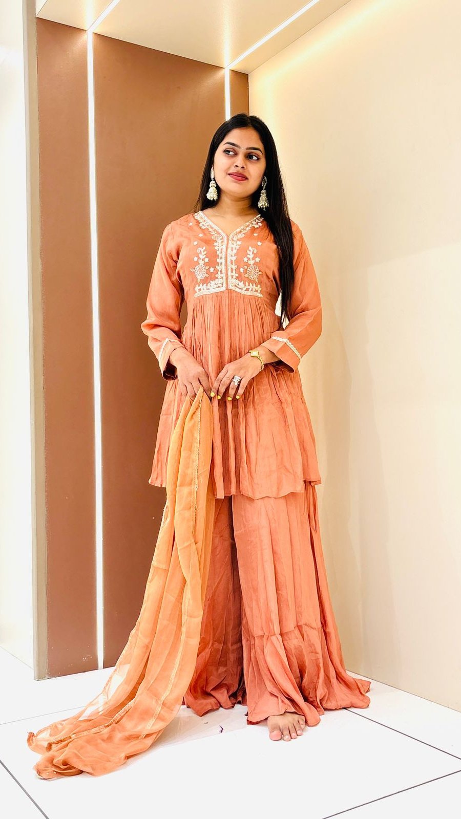 Peach Embroidered Sharara Set | 3-Piece Peplum Kurti, Sharara & Dupatta