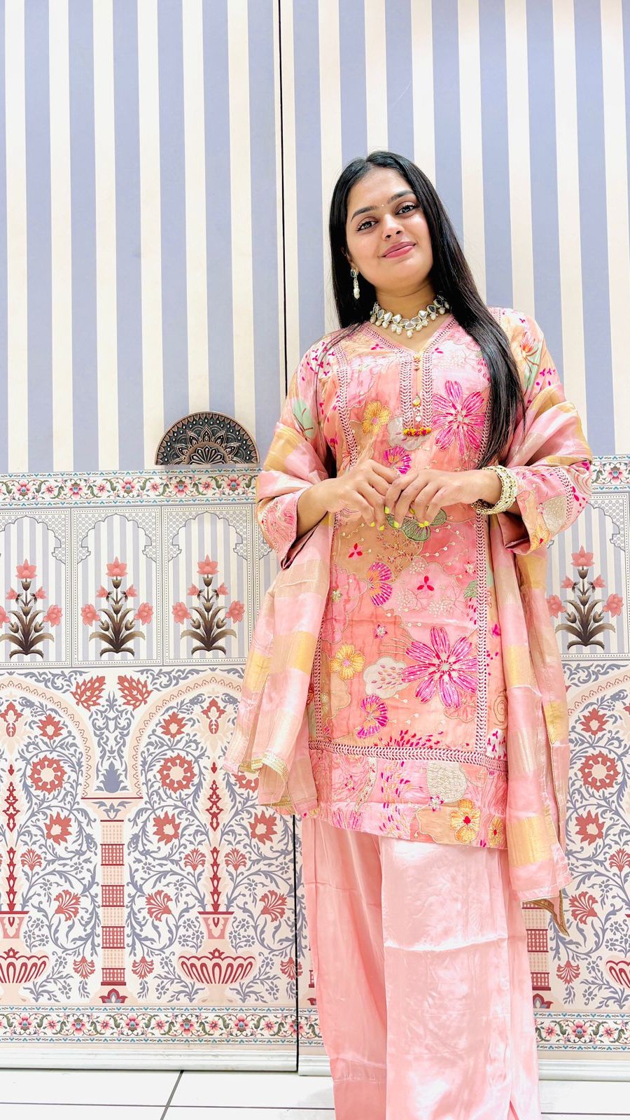 Pink Floral Digital Print Suit Set | 3-Piece Kurti, Palazzo & Dupatta