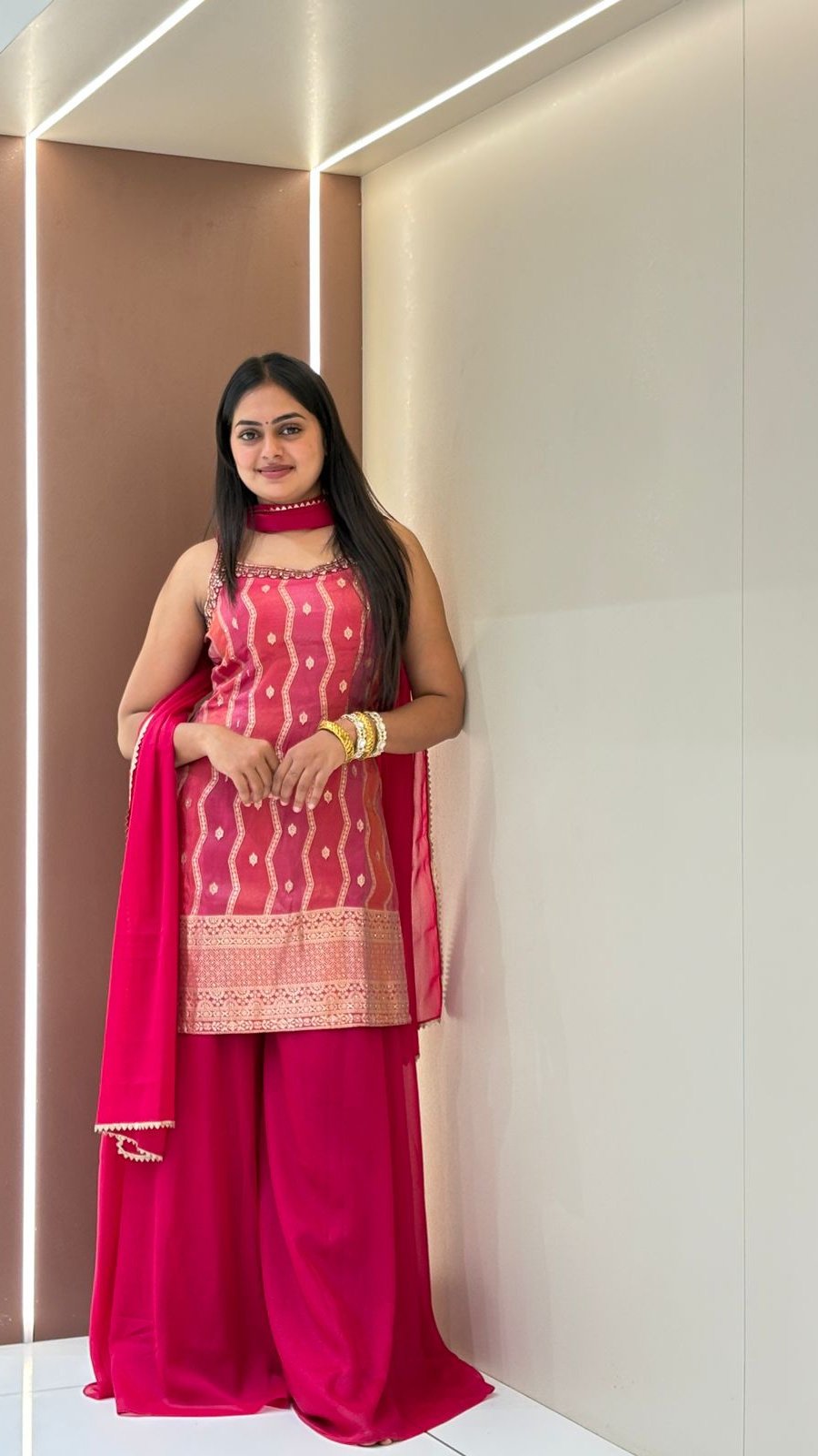 Hot Pink Zari Weave Sharara Set | 3-Piece Sleeveless Kurti, Sharara & Dupatta