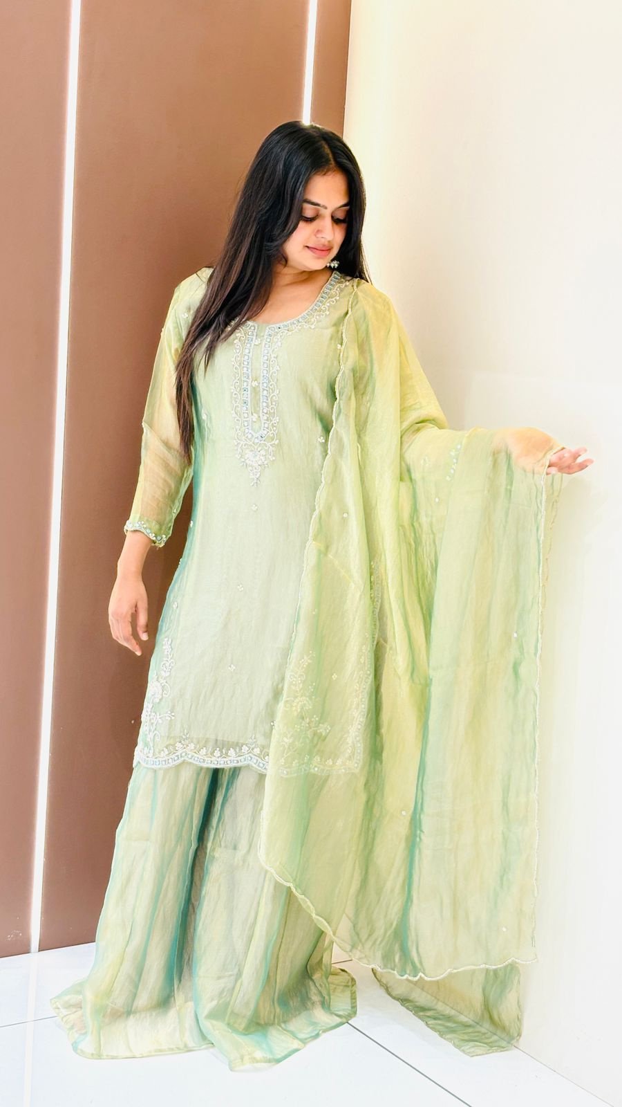 Pistachio Green Embroidered Sharara Set | 3-Piece Kurti, Sharara & Dupatta