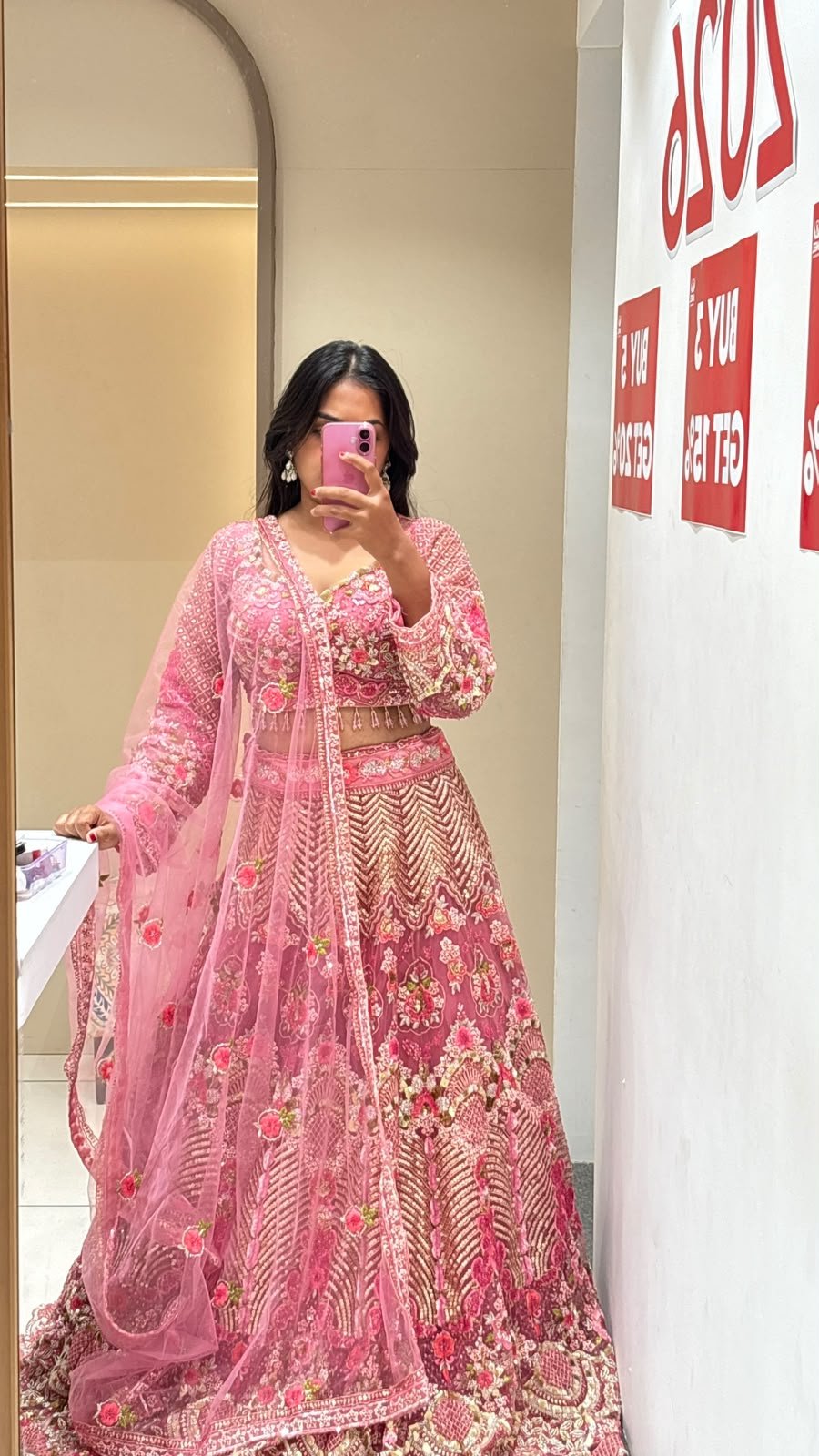 Pink 3D Floral Heavy Embroidered Lehenga Set | 3-Piece Blouse, Lehenga & Dupatta