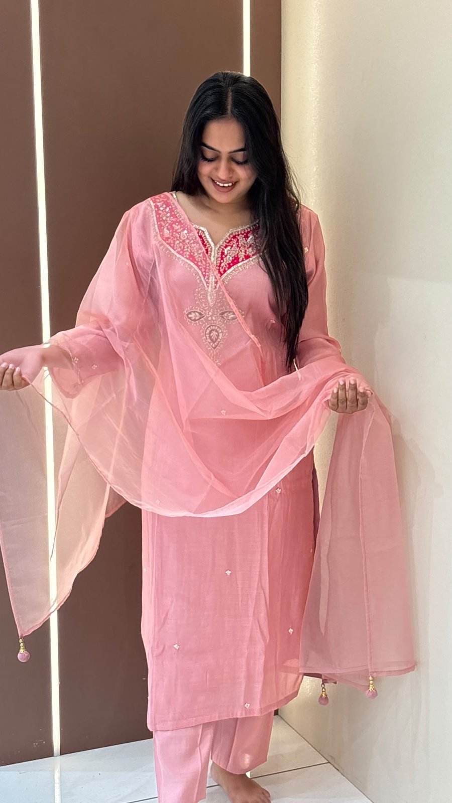 Baby Pink Mughal Embroidered Suit Set | 3-Piece Kurti, Pants & Dupatta