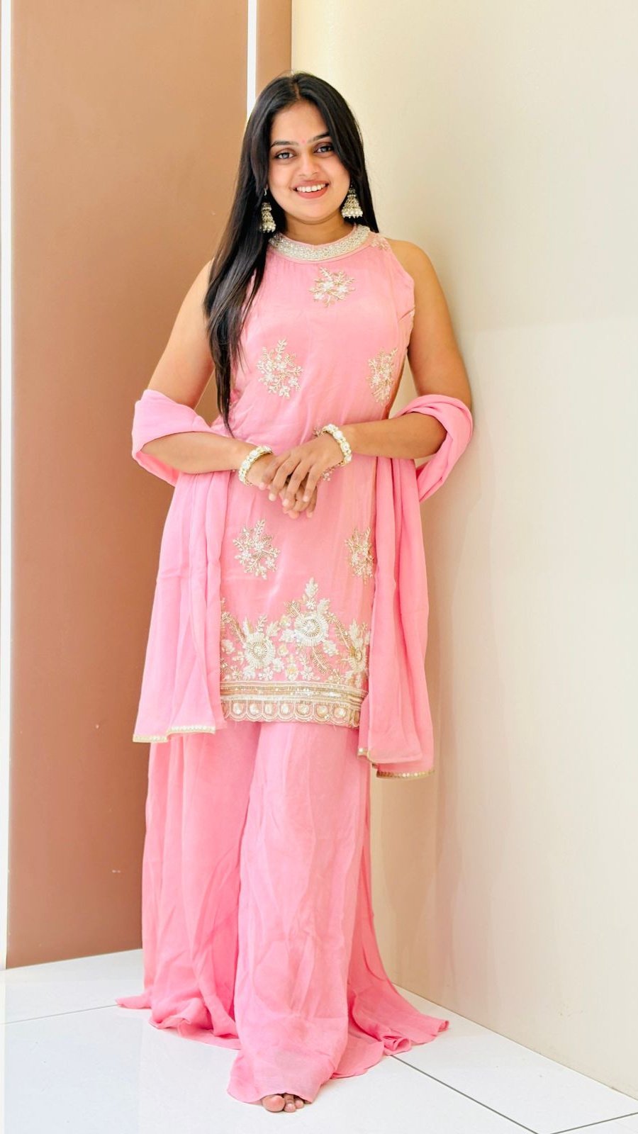 Baby Pink Halter Neck Embroidered Sharara Set | 3-Piece Kurti, Sharara & Dupatta