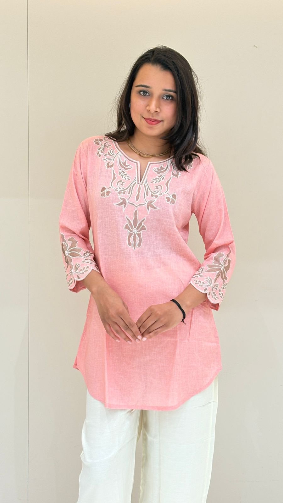 Pink Linen Cutwork Embroidery Short Kurti | Ethnic Top (Single Piece)
