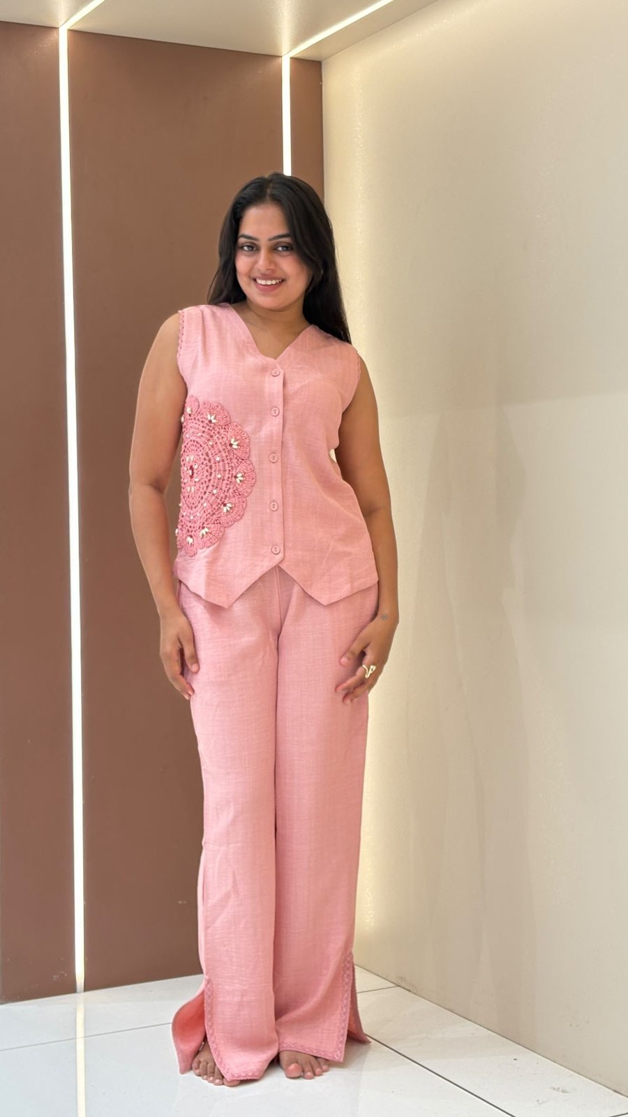 Pink Linen Crochet Vest Co-ord Set | 2-Piece Vest Top & Wide-Leg Pants