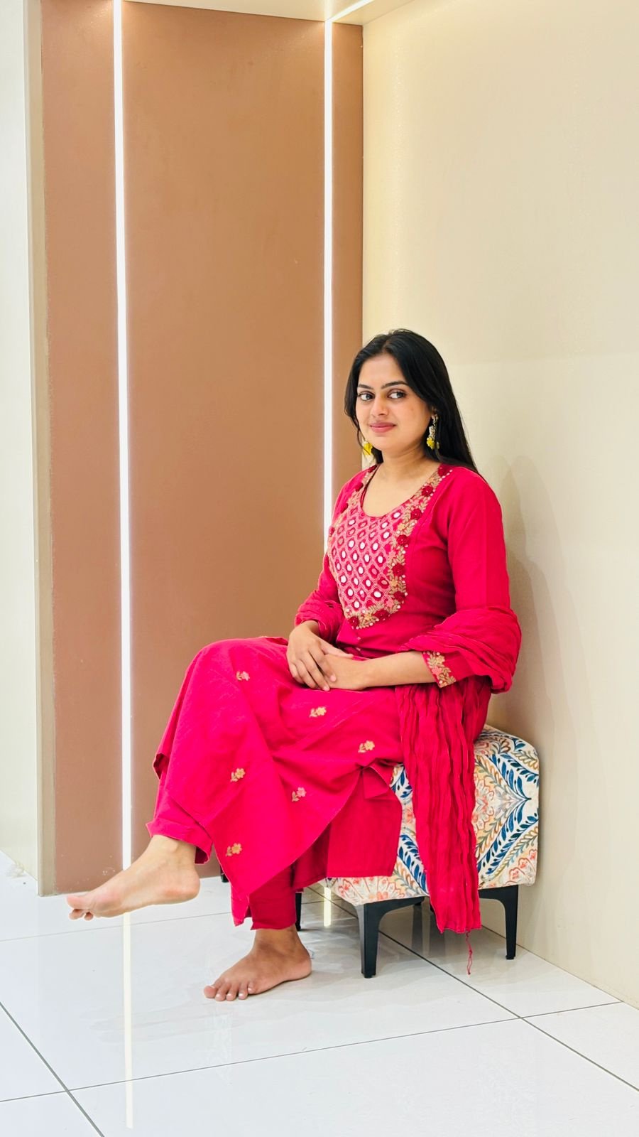 Hot Pink Mirror Work Suit Set | 3-Piece Kurti, Pants & Dupatta