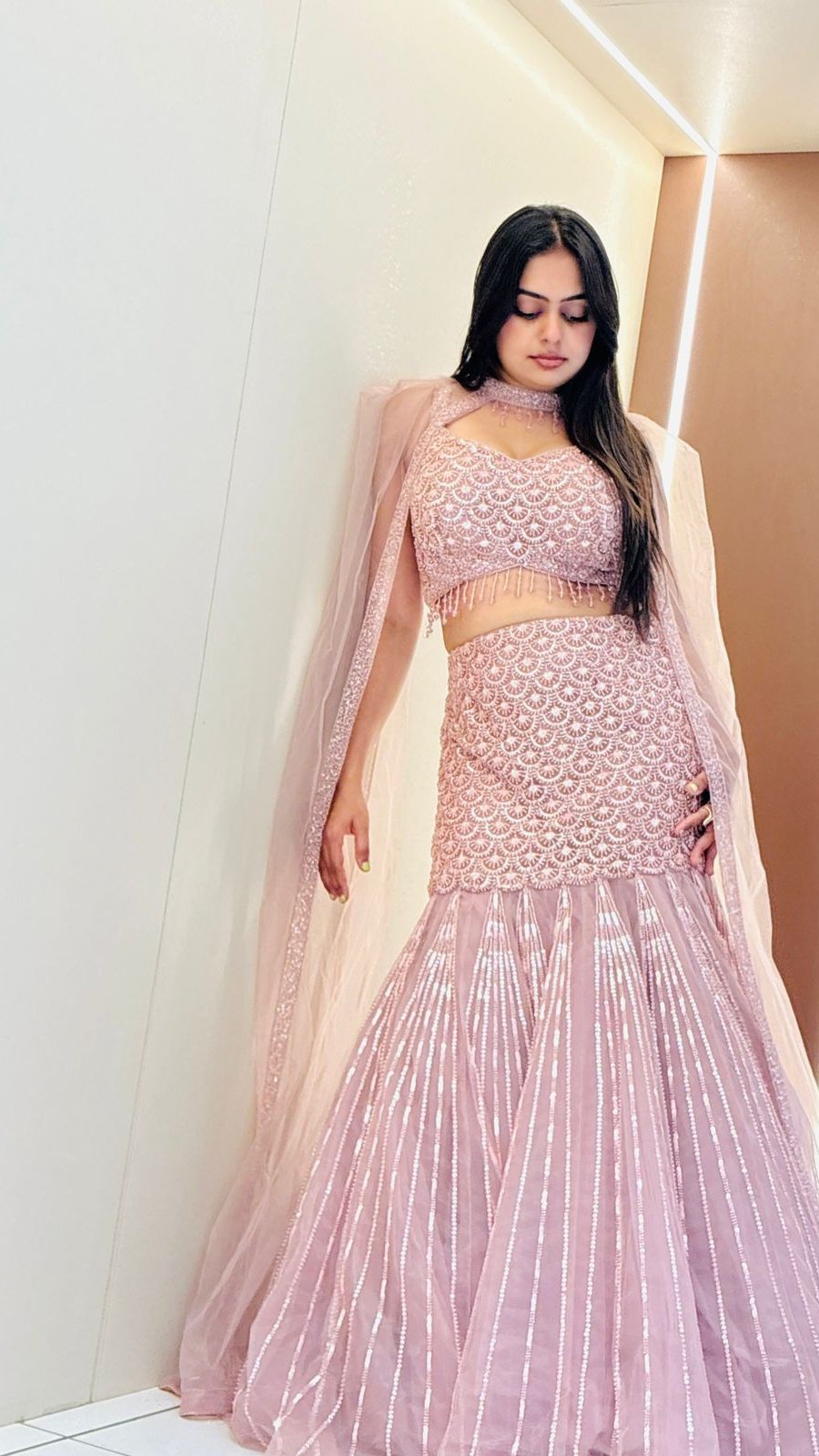 Dusty Pink Sequin Scallop Lehenga Set | 3-Piece Blouse, Skirt & Dupatta