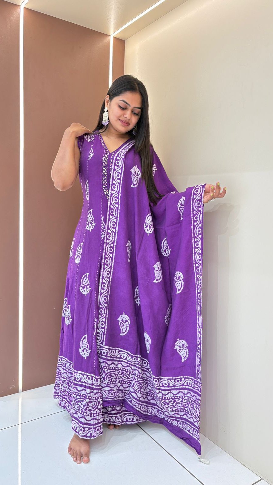 Purple Batik Print Anarkali Set | 3-Piece Kurti, Palazzo & Dupatta