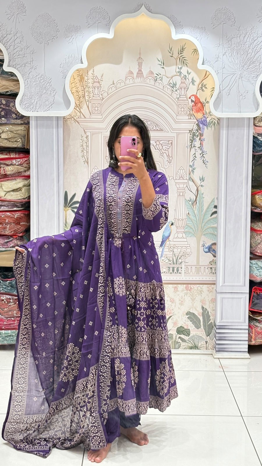 Purple Bandhani Print Anarkali Set | 3-Piece Kurti, Pants & Dupatta