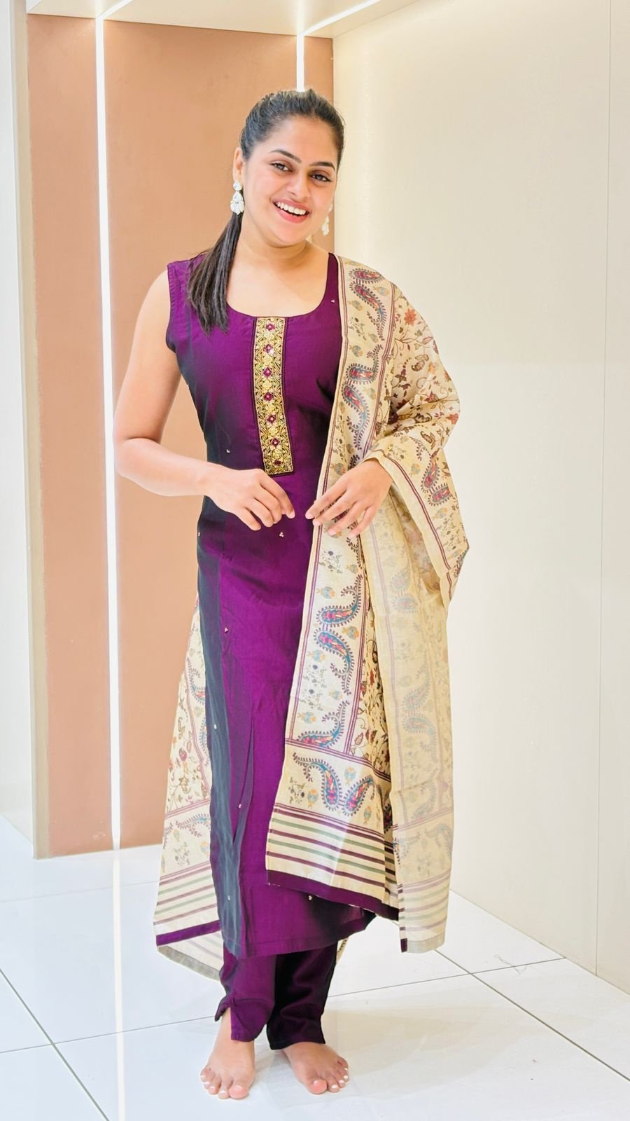 Purple Embroidered Straight Suit with Kalamkari Dupatta | 3-Piece