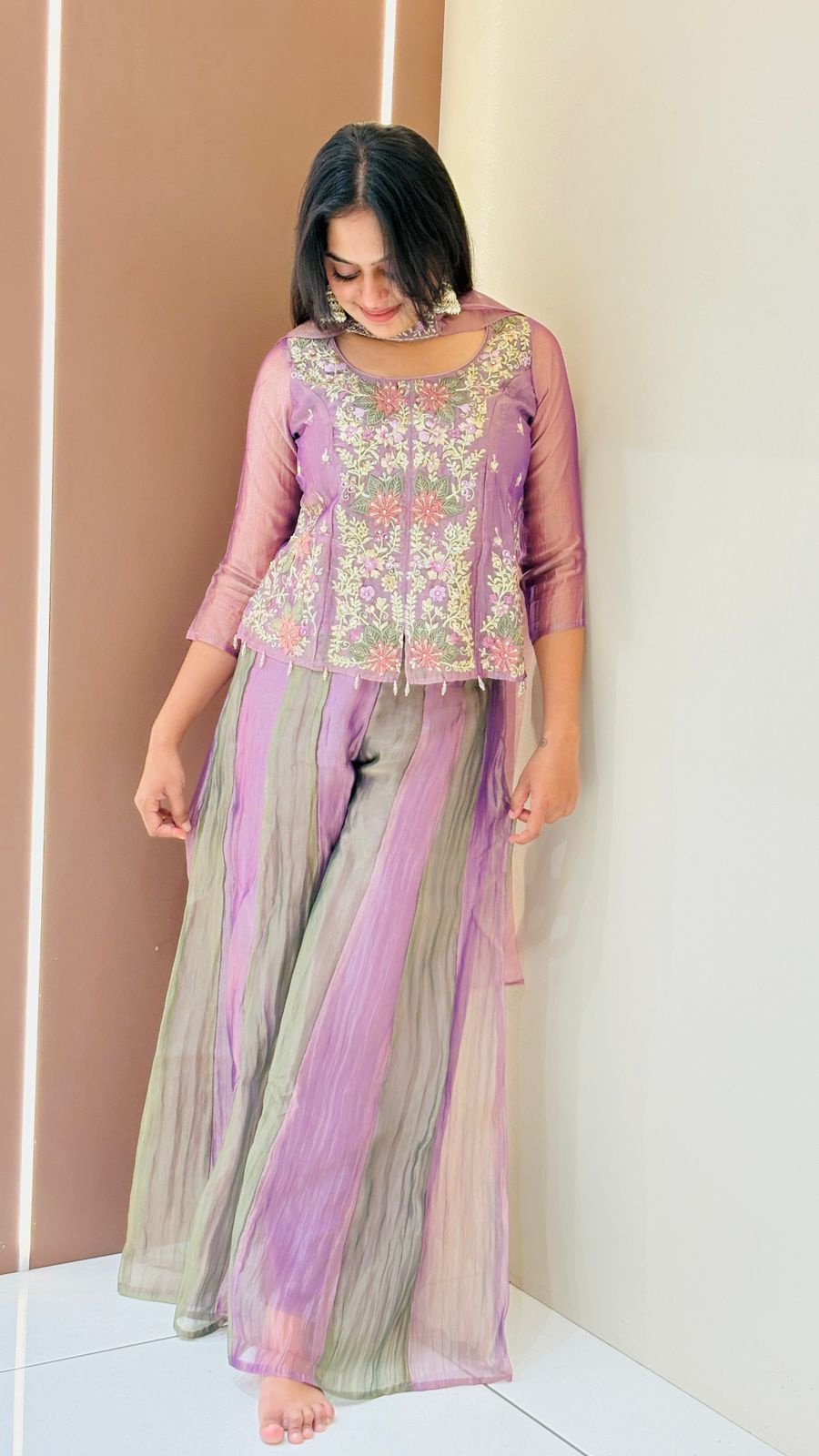 Purple Ombre Floral Embroidered Palazzo Set | 3-Piece Kurti, Palazzo & Dupatta