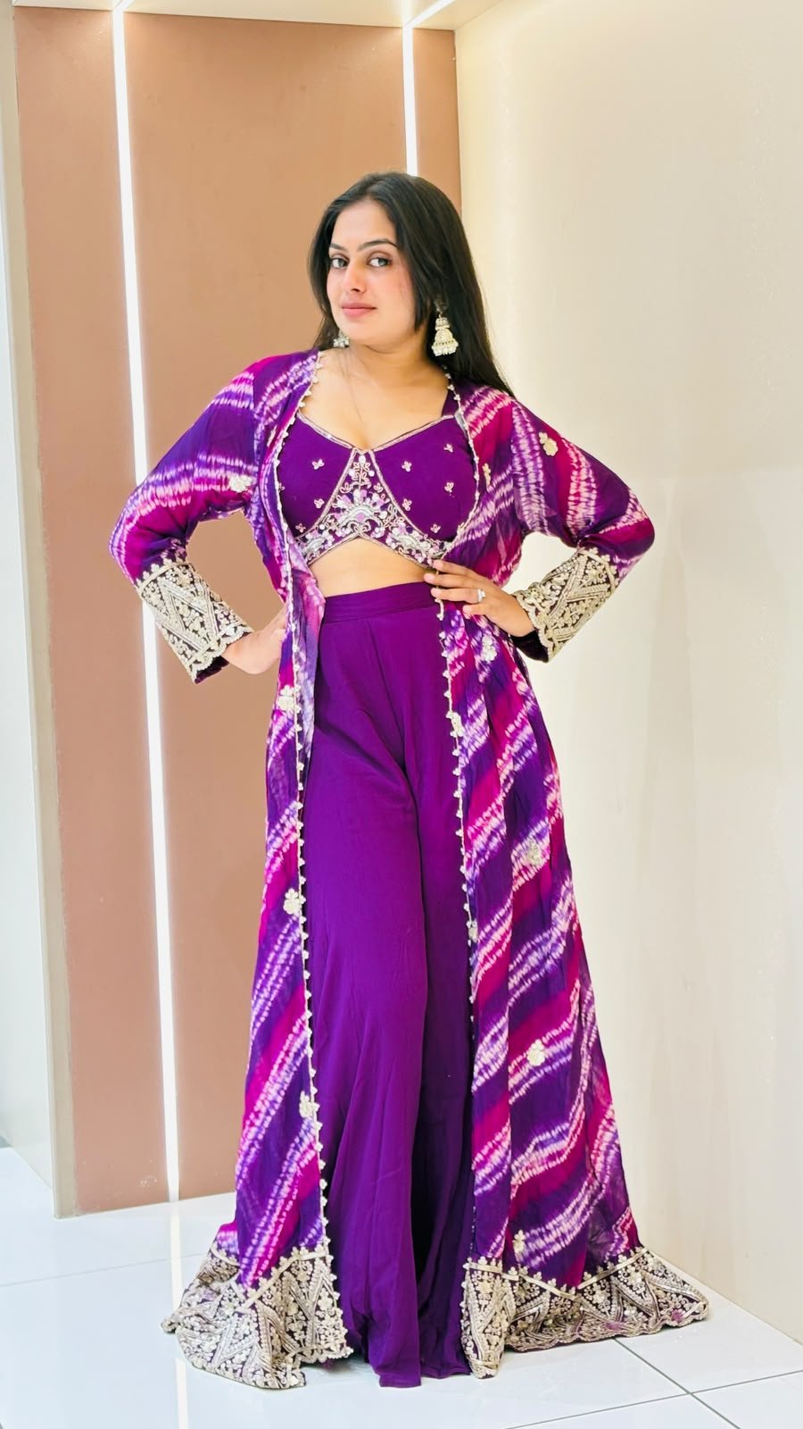 Purple Tie-Dye Jacket Crop Top Palazzo Set | 3-Piece