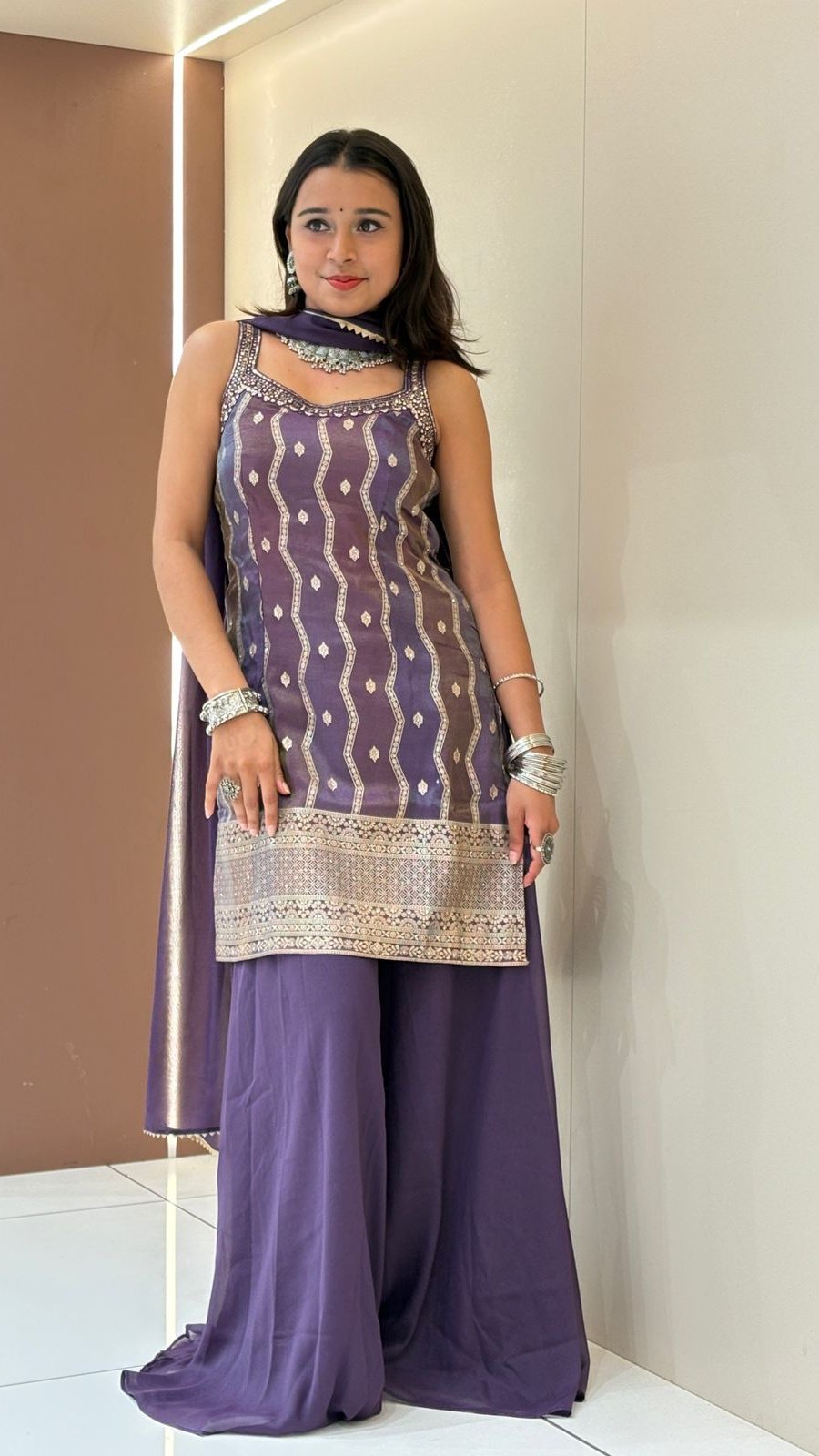 Purple Zari Weave Sharara Set | 3-Piece Sleeveless Kurti, Sharara & Dupatta
