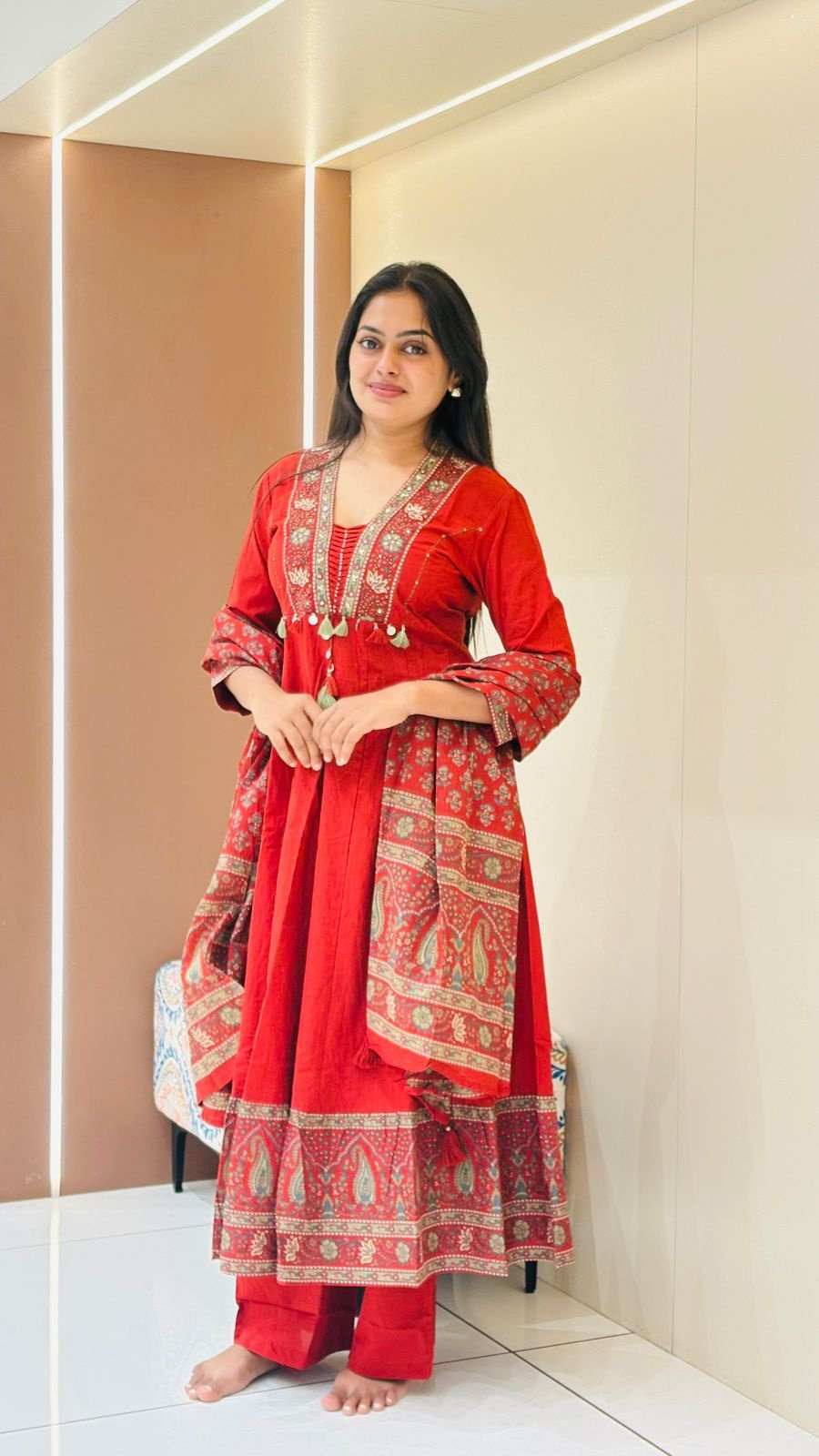 Red Kalamkari Border Anarkali Set | 3-Piece Kurti, Pants & Dupatta
