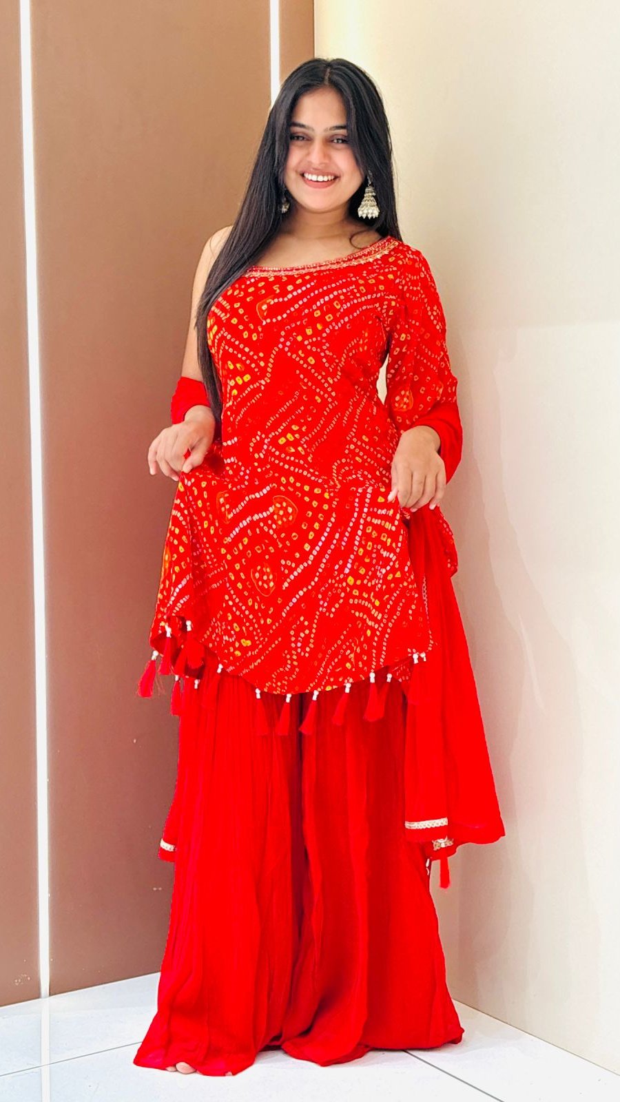 Red Bandhani Sharara Set | 3-Piece Kurti, Sharara & Dupatta