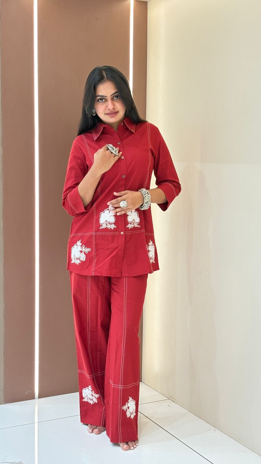 Red Floral Appliqué Shirt Co-ord Set | 2-Piece Shirt & Wide-Leg Pants