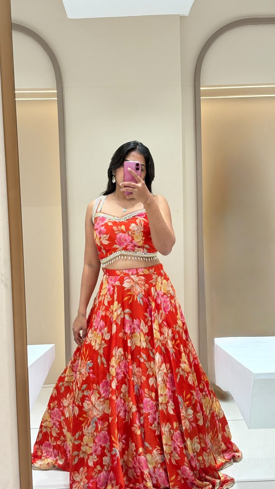 Red Floral Print Pearl Embellished Crop Top & Lehenga Set | 2-Piece