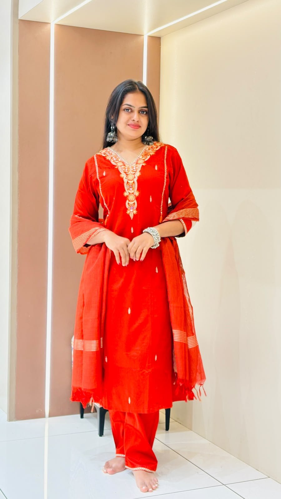 Red Gota Embroidered Cotton Kurta Set with Striped Dupatta | 3-Piece