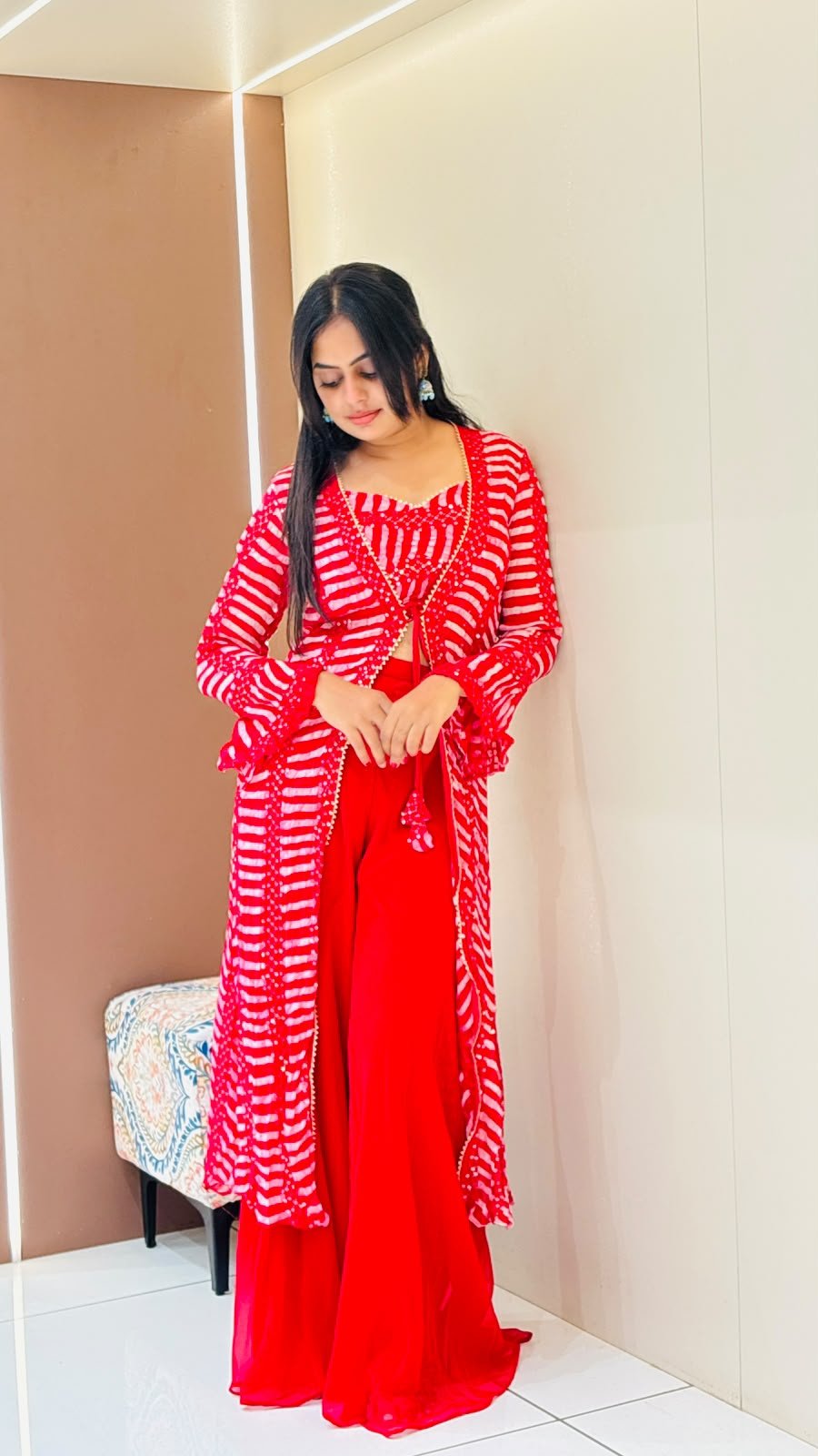 Red Leheriya Stripe Jacket Sharara Set | 3-Piece