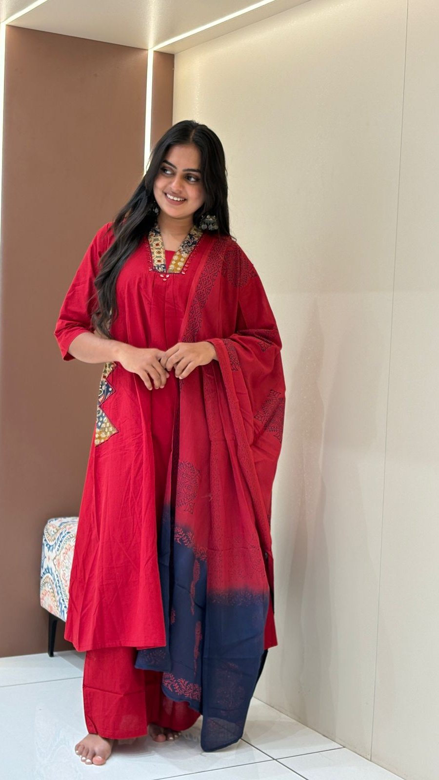 Red Patchwork Neckline Suit Set | 3-Piece Kurti, Palazzo & Dupatta