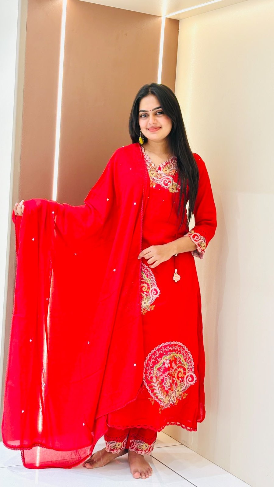 Red Paisley Embroidered Anarkali Set | 3-Piece Kurti, Pants & Dupatta