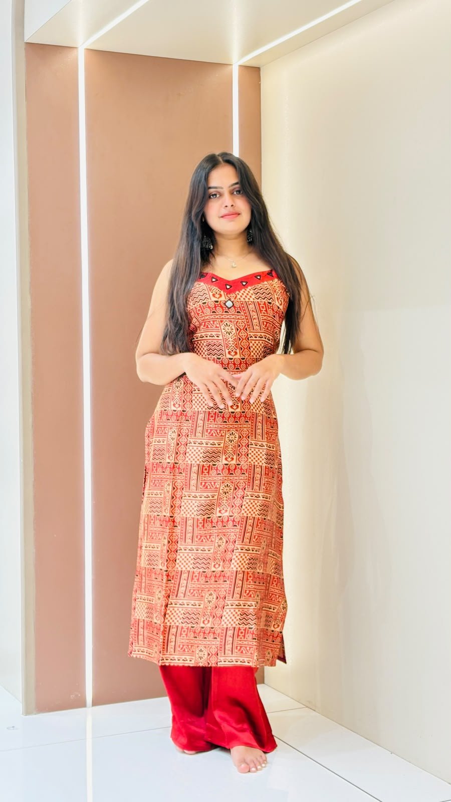 Rust Block Print Sleeveless Maxi Kurta with Palazzo Pants | 2-Piece