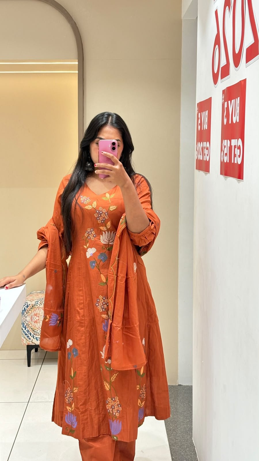Rust Orange Floral Printed Anarkali Set | 3-Piece Kurti, Pants & Dupatta