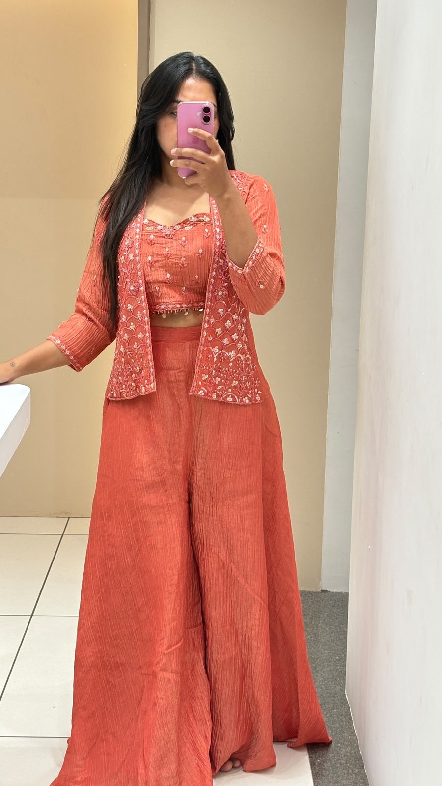 Rust Orange Embroidered Jacket Crop Top Palazzo Set | 3-Piece