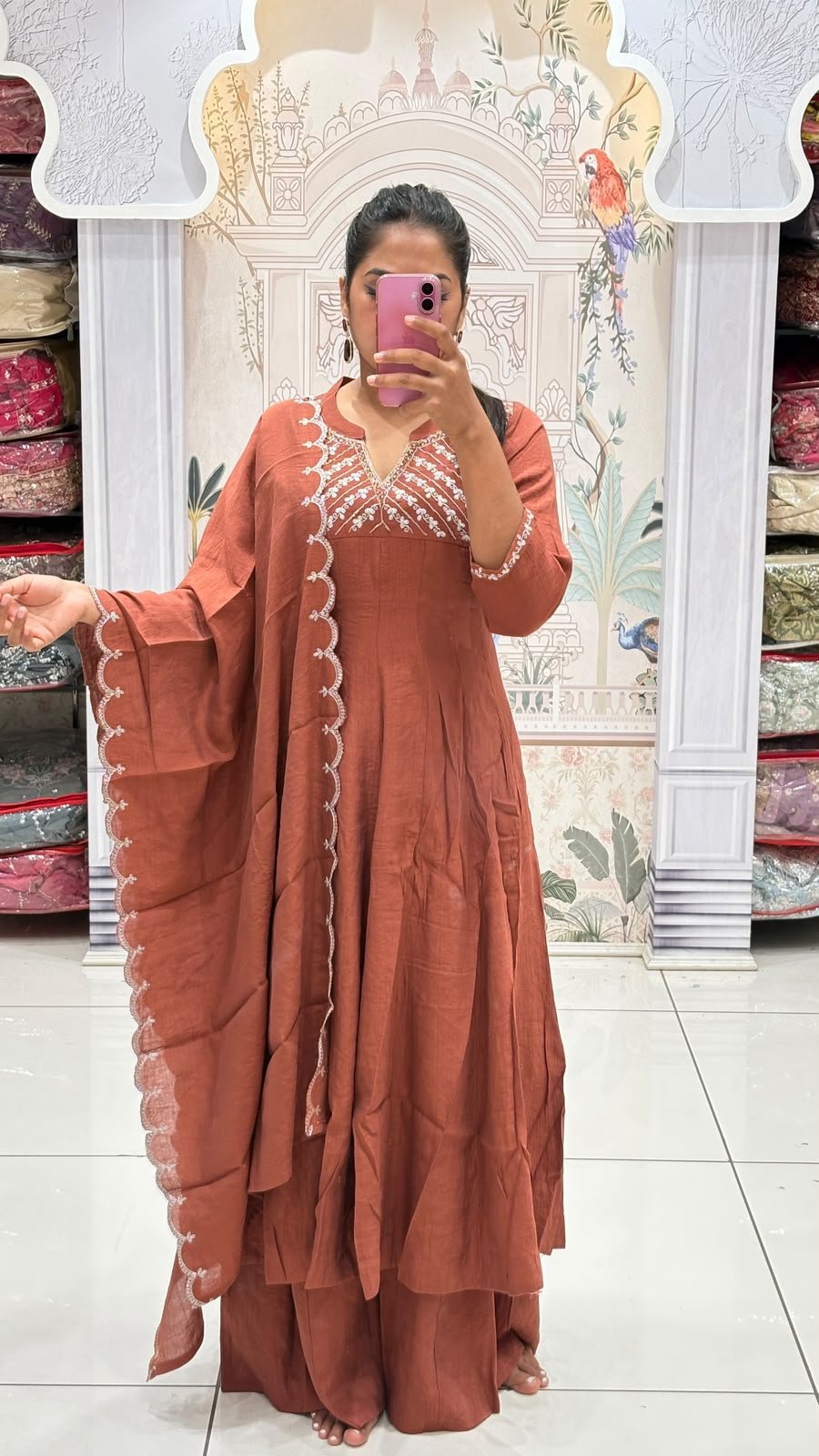 Rust Kurta Set with Scalloped Lace-Trimmed Dupatta & Sharara Pants | 3-Piece